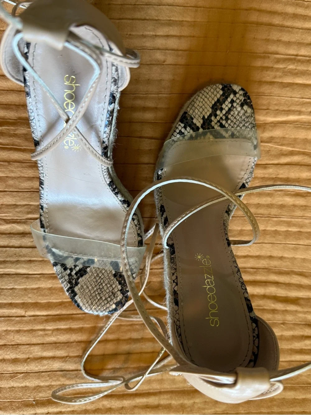 Shoe Dazzle Size 6 Espadrille Wedge Lace-Up Sandals Natural Rope Clear Strap
